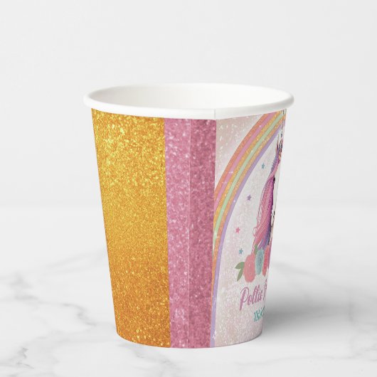Roze Eenhoorn, Rozen & Regenboog Verjaardagsfeest Papieren Bekers (Rechts)