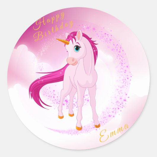 Roze Eenhoorn Sticker – gepersonaliseerd verjaarda (Voorkant)