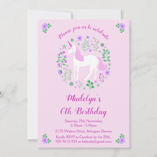 Roze Eenhoorn Verjaardagsfeestuitnodiging Kaart (Voorkant)