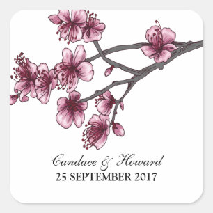Roze Eenvoudige Cherry Blossom Weddenschappen Vierkante Sticker