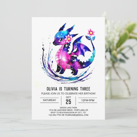 Roze Eenvoudige Dragon Digitale Meisje Verjaardag Kaart (Staand voorkant)
