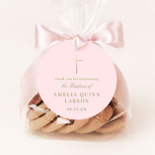 Roze Eenvoudige Elegante Gouden Kruis Doop Bedankjes Labels