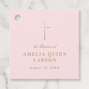 Roze Eenvoudige Elegante Gouden Kruis Doop Bedankjes Labels