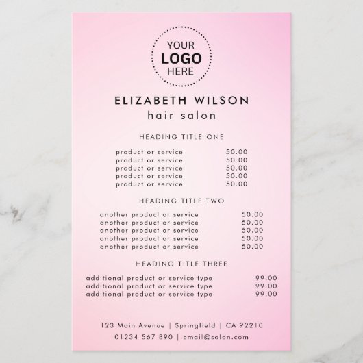 Roze Eenvoudige Salon Service Menu Flyer (Voorkant)