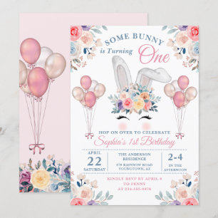 Roze eerst een Bunny Floral ballonmeisje Kaart