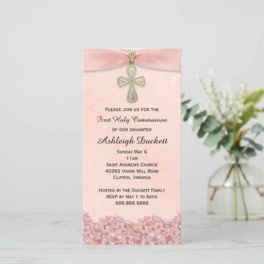 Roze Eerste Heilige Communie Religieuze Uitnodigin (Staand voorkant)