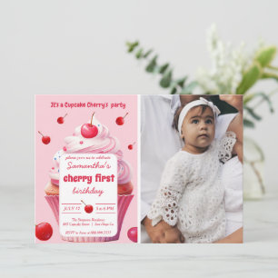 Roze eerste kersen en cupcake verjaardagsfeestje f kaart