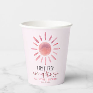 Roze eerste reis rond de eerste zondag papieren bekers
