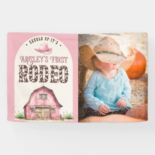 Roze Eerste Rodeo Custom Cowgirl Foto 1e verjaarda Spandoek (Horizontaal)