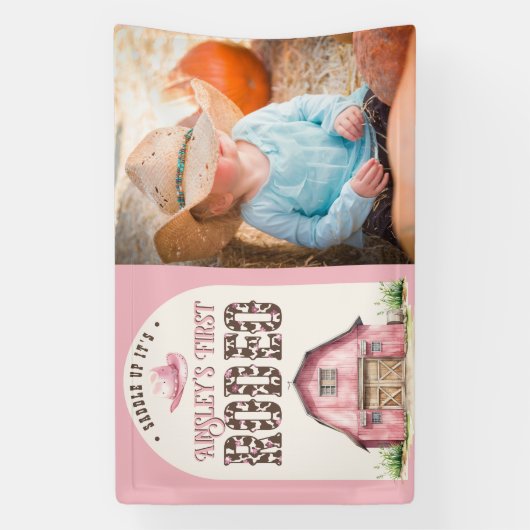 Roze Eerste Rodeo Custom Cowgirl Foto 1e verjaarda Spandoek (Verticaal)