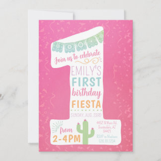 Roze eerste verjaardag Fiesta Party uitnodiging