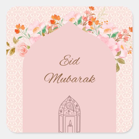 Roze Eid mubark Vierkante Sticker (Voorkant)