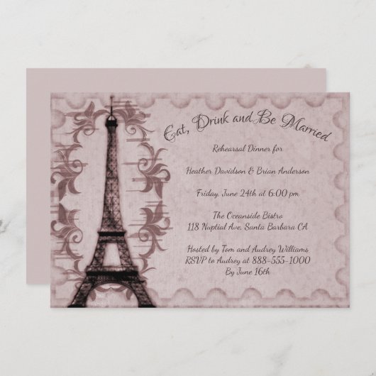 Roze Eiffel Tower Rehearsal Dinner Invitation Kaart (Voorkant / Achterkant)