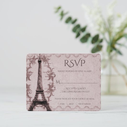 Roze Eiffel Tower Wedding RSVP Kaart (Staand voorkant)