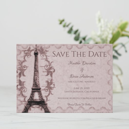 Roze Eiffeltoren Save The Date Aankondiging (Staand voorkant)