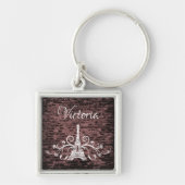 Roze Eiffeltower Grunge Square Sleutelhanger (Voorkant)