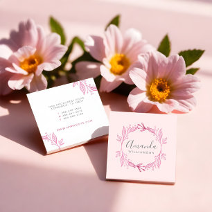 Roze Elegant Bloemen Waterverf Botanische kuif Vierkante Visitekaartje
