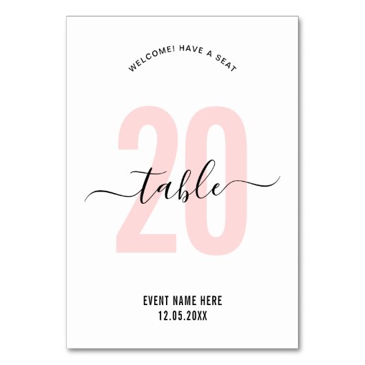 Roze Elegant Calligrafie Tafel Nummer Bord Kaart (Voorkant)