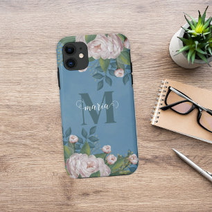 Roze Elegant Floral Roos Monogram Naam iPhone 11 Hoesje