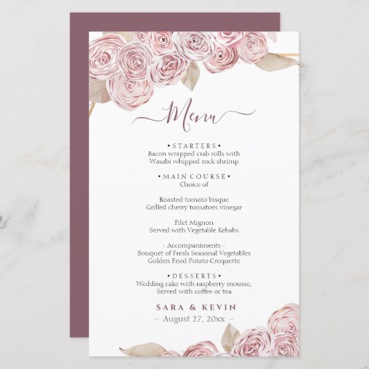 Roze Elegant Floral Vanilla Wedding Menu (Voorkant / Achterkant)
