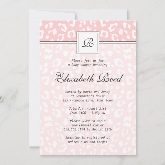 Roze Elegant Leopard Print Monogram Baby shower Kaart (Voorkant)