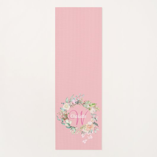 Roze  Elegant Script Monogram Rozen Floral Yogamat (Voorkant)