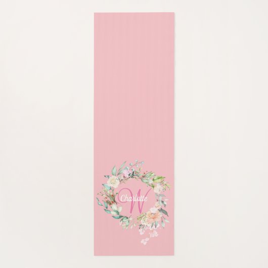 Roze  Elegant Script Monogram Rozen Floral Yogamat (Achterkant)