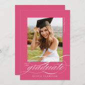 Roze Elegant Script QR Code Photo Graduation Party Kaart (Voorkant / Achterkant)