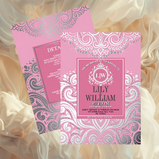 Roze Elegante Artdeco Diamant Monogram Trouw Folie Uitnodiging