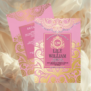 Roze Elegante Artdeco Diamond Monogram Bruiloftsgo Folie Uitnodiging