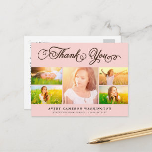 Roze Elegante Bedankt Script 5 Foto Afstuderen Briefkaart