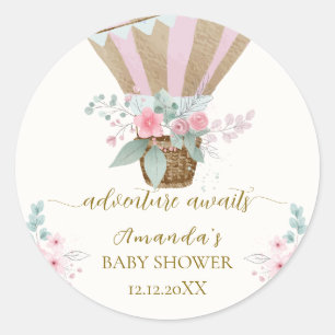 Roze Elegante Bloemen Hete Luchtballon Baby shower Ronde Sticker
