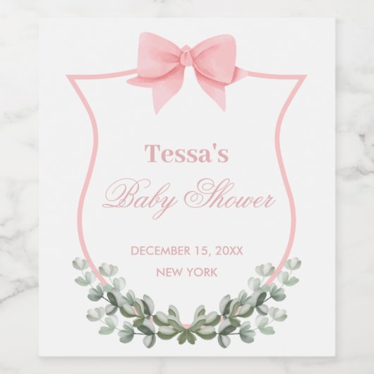 Roze Elegante Bow Eucalyptus Crest Baby shower Wijn Etiket (Enkel label)