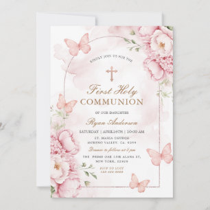 Roze Elegante Vlinder Heilige Communie Uitnodiging