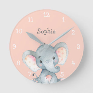 Roze Elephant Cute Baby Girl Name Persoonlijk Ronde Klok