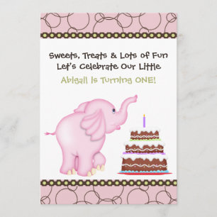 Roze Elephant First Birthday Invitation for Girls Kaart