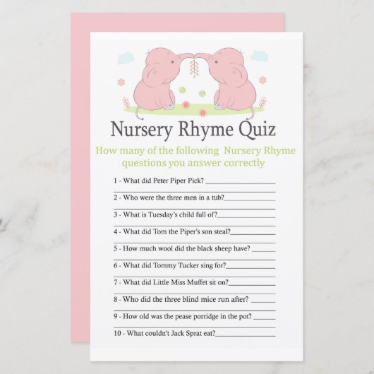 Roze Elephant Nursery Rhyme Quiz baby shower game (Voorkant / Achterkant)