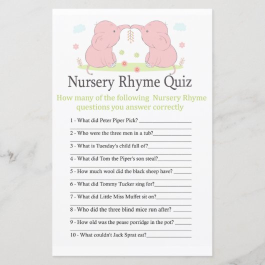 Roze Elephant Nursery Rhyme Quiz baby shower game (Voorkant)