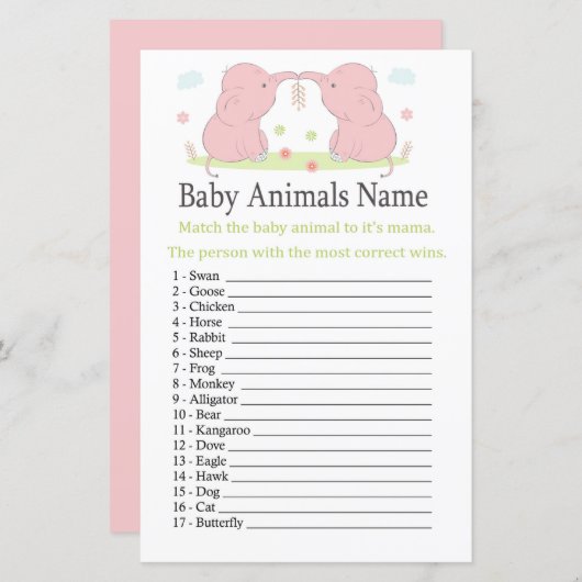 Roze ellephant Baby Animals Name Game (Voorkant / Achterkant)