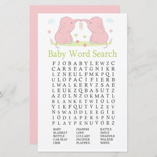 Roze ellephant Baby shower Word Search Game (Voorkant / Achterkant)