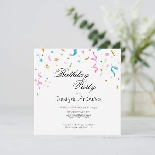 Roze en Aqua Glitter Confetti Invitation (Staand voorkant)
