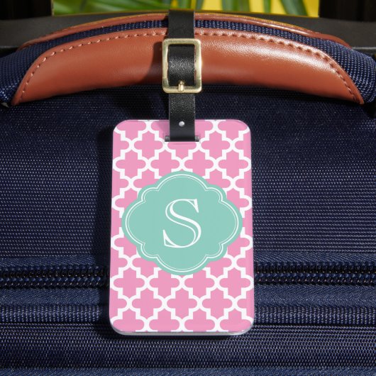 Roze en Aqua Modern Moroccan Custom Monogram Bagagelabel (Voorkant Insitu 2)
