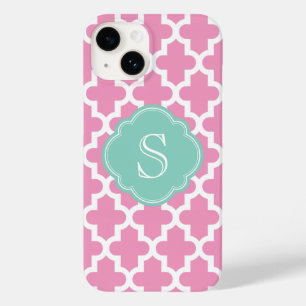 Roze en Aqua Modern Moroccan Custom Monogram Case-Mate iPhone 14 Hoesje
