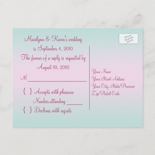 Roze en Aqua R.S.V.P. Briefkaart (Achterkant)