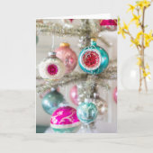 Roze en Aqua Vintage Kerstbal Kaart (Gele Bloem)