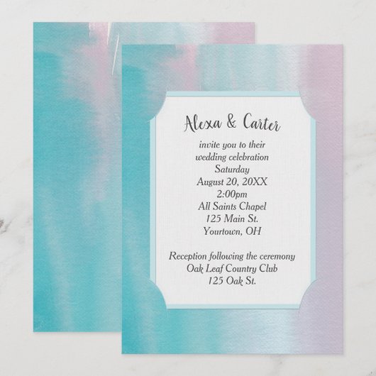 Roze en Aqua Waterverf Wedding Invite Kaart (Voorkant / Achterkant)