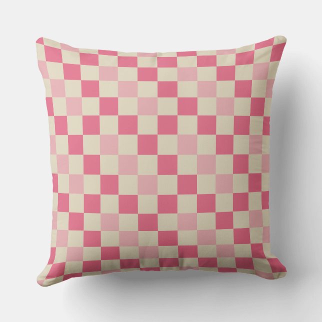Roze en Beige Gingham Check Patroon Kussen (Achterkant)