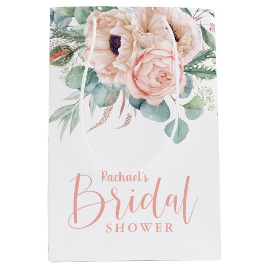 Roze en beige waterverf bloem bruidsdouche medium cadeauzakje (Voorkant)