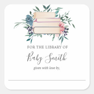 Roze en Blauw Bloem Baby shower Boekplaat Sticker