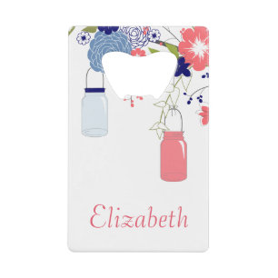  roze en blauw bloem met moeraspotten kredietkaart flessenopener